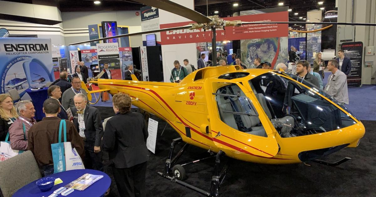 Enstrom Helicopter Corp. announced an updated 280FX helicopter at its booth on Tuesday at Heli-Expo 2019. The first new aircraft, seen here, will be delivered to French flight school Golf Tango. (Photo: Jerry Siebenmark)