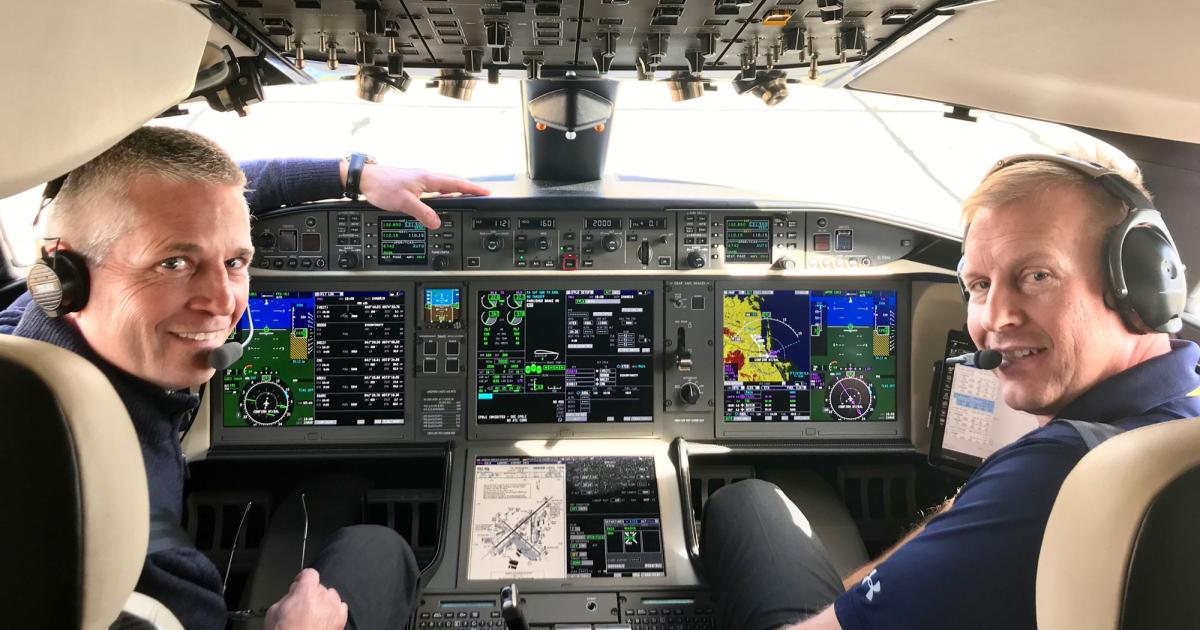 Bombardier pilots Kerry Swanson (left) and Andrew Sibenaler set a new speed record from Los Angeles to New York City in the Global 7500 demonstrator aircraft. (Photo: Bombardier Business Aircraft)