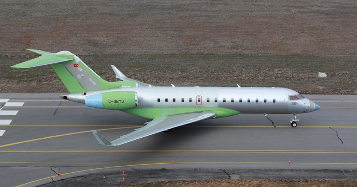 One of two recently arrived Global 6000s taxis in for conversion to the Hava SOJ configuration. An Aselsan/Turkish Aerospace joint venture is modifying four for the Turkish air force. (Photo: SSB)