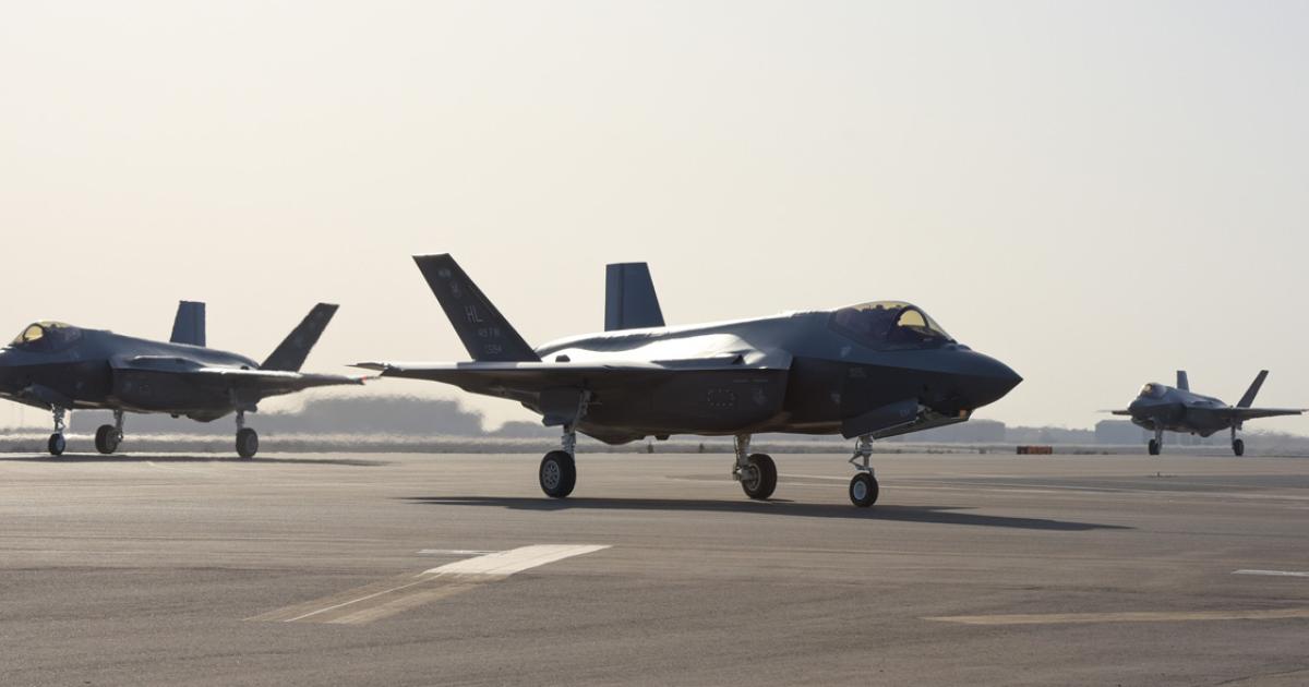 Three F-35As from the 4th Fighter Squadron taxi in at Al Dhafra in the UAE on April 15 following their ferry flights from Morón in Spain. The aircraft have deployed from Hill AFB, Utah, to join Operation Inherent Resolve. (photo: U.S. Air Force)