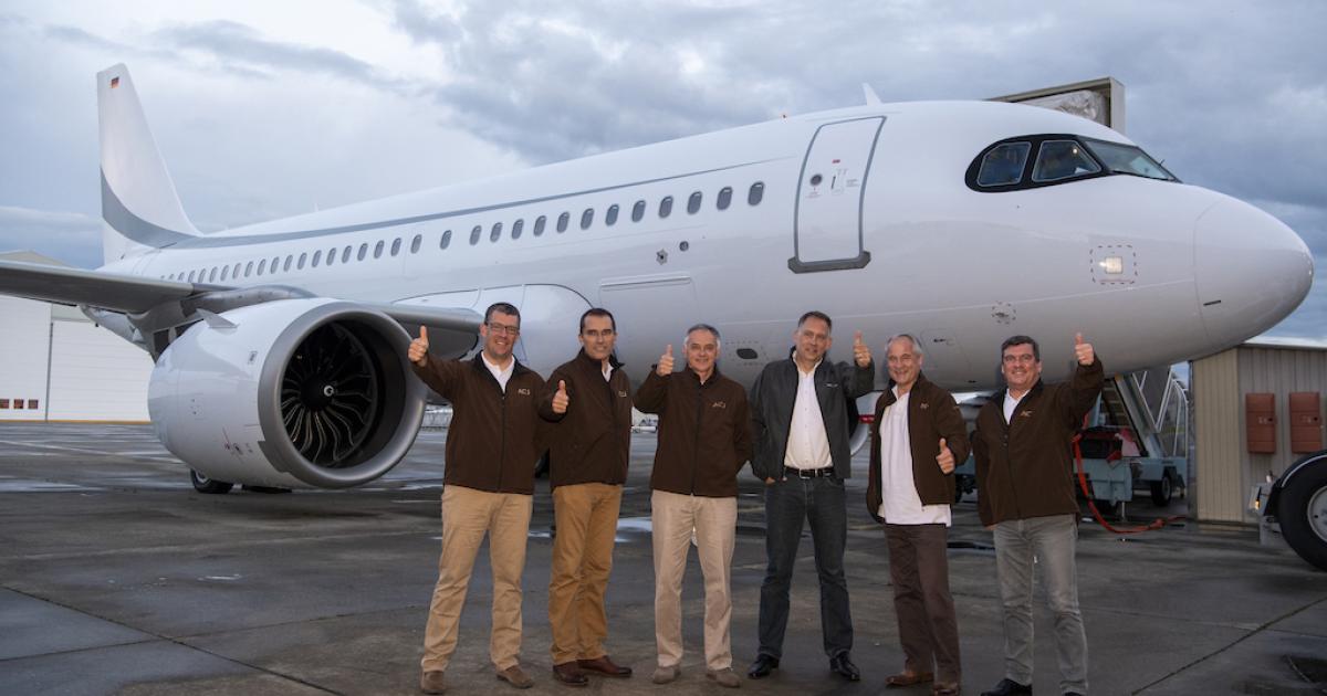 Airbus Corporate Jets' record-setting flight crew included, from left, flight test engineer Jim Fawcett, captain Olivier Falipou, first officer Georges Myzckowski, K5 CEO Erik Scheidt, first officer Frank Chapman, and flight test engineer Patrice Cadieu. (Photo: Airbus) 