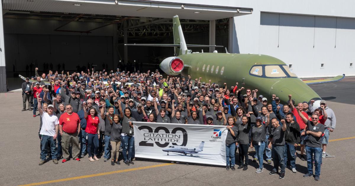 Textron Aviation employees gather recently for the rollout of the 200th Cessna Citation Latitude at the company's Wichita plant (Photo: Textron Aviation)