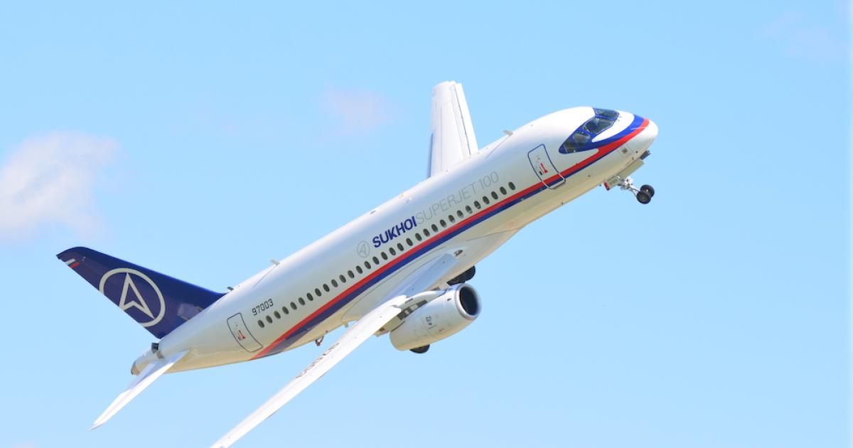 A Sukhoi Superjet 100. Western lessors are confident because Russia's finance and manufacturing industry cannot satisfy forecast demand for regional airline network growth. (Photo: SuperJet International).