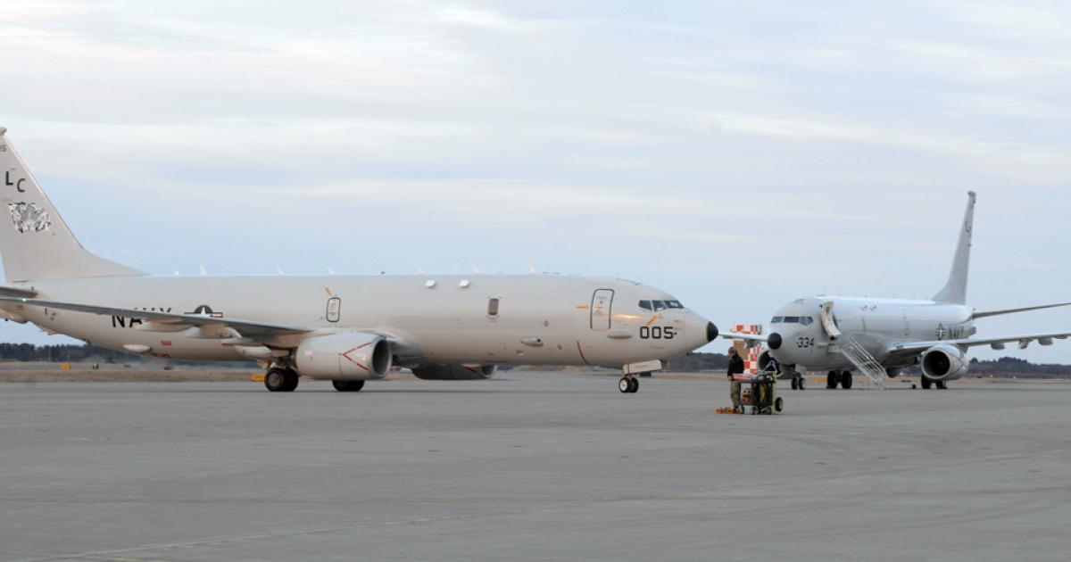 A Boeing P-8A Poseidon from the U.S. Navy's VP-8 "Fighting Tigers" taxis in at Misawa on April 10 following a mission to search for the missing JASDF pilot. (photo: U.S. Navy)