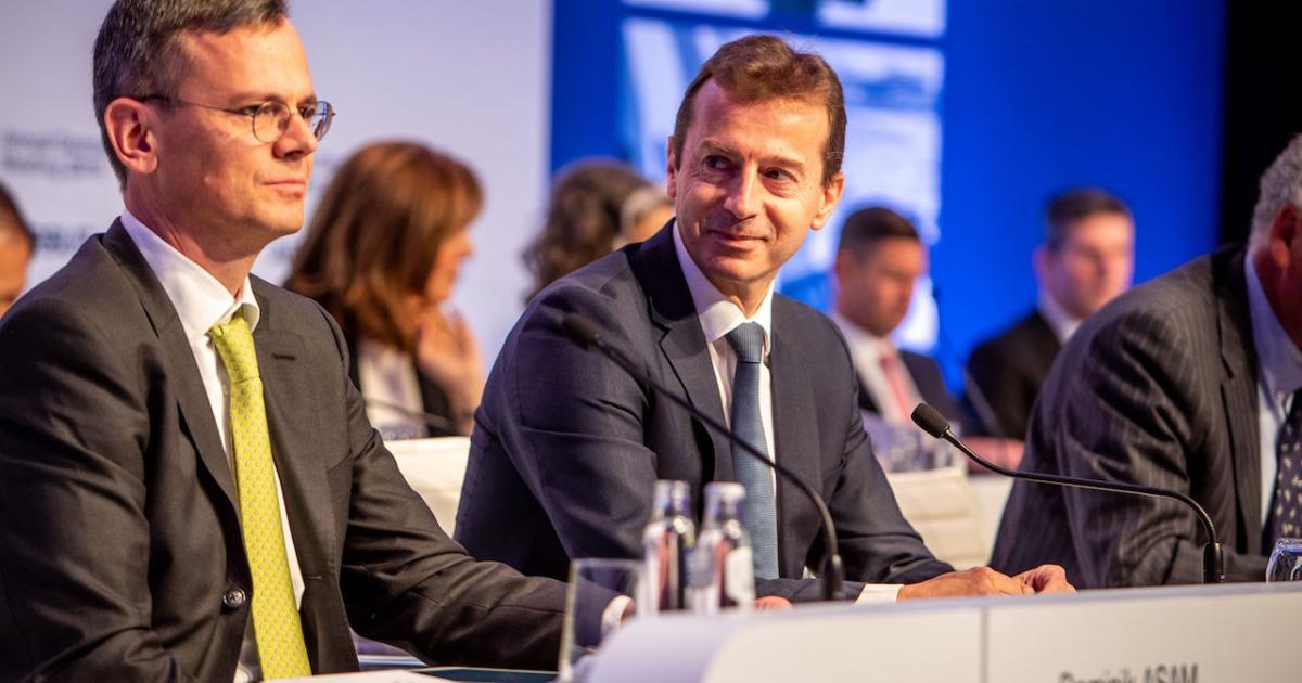 New Airbus CFO Dominik Asam (left) appears with newly appointed company CEO Guillaume Faury at the company's AGM on Wednesday. (Photo: Airbus)