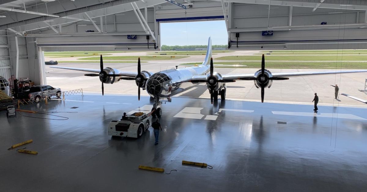 Volunteers move the Boeing B-29 Superfortress known as "Doc" on April 26 from its new hangar and visitors center at Wichita Eisenhower National Airport. (Photo: Jerry Siebenmark)
