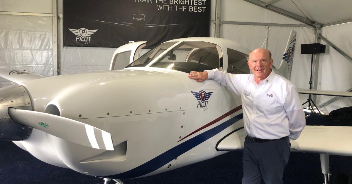 Piper president and CEO Simon Caldecott unveiled the Pilot 100 and 100i basic trainers at Sun 'n' Fun 2019 in Lakeland, Florida. (Photo: Chad Trautvetter/AIN)