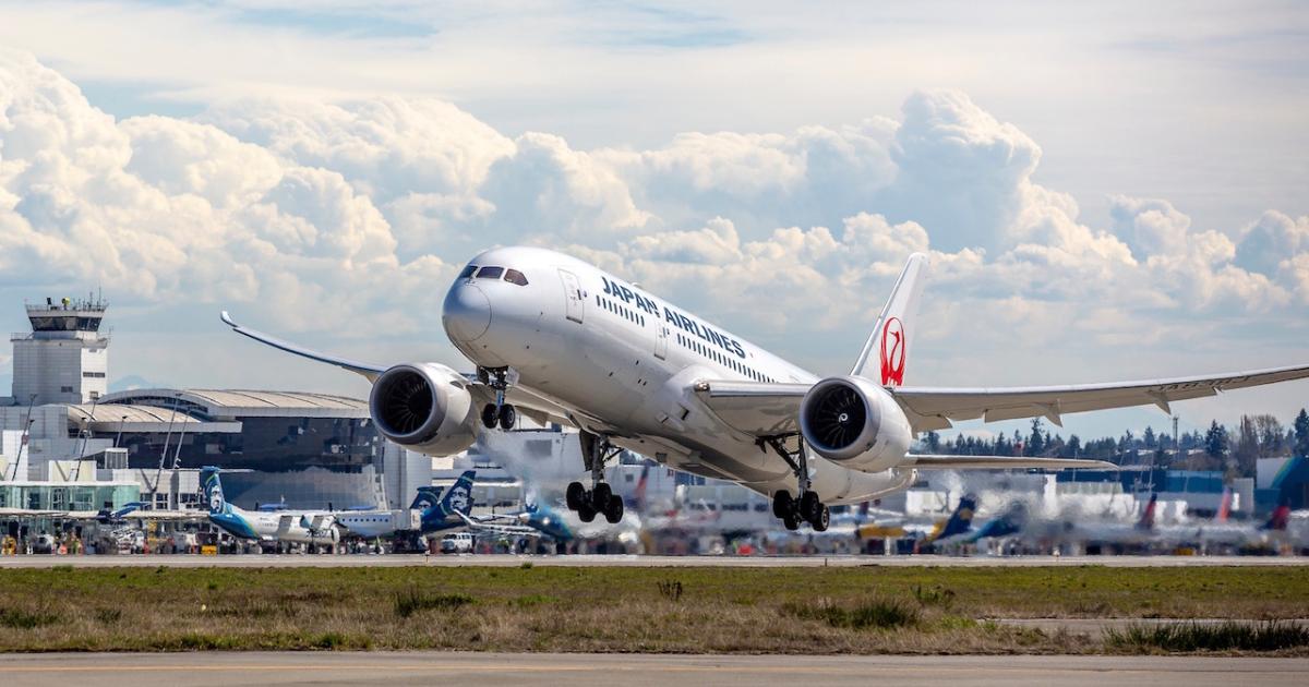 A Japan Airlines Boeing 787-8 takes off from Seattle-Tacoma International Airport. (Photo: JAL) 