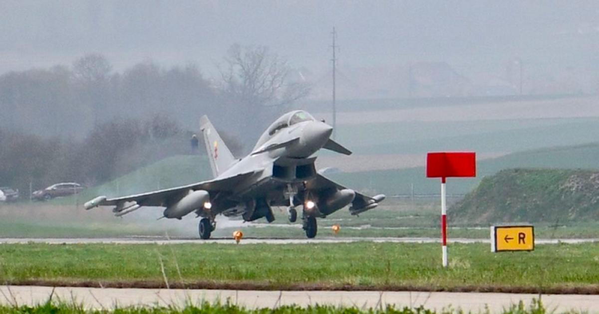 A two-seat Typhoon touches down at Payerne after the first sortie of the Swiss NKF evaluation. (photo: Eurofighter via Twitter)