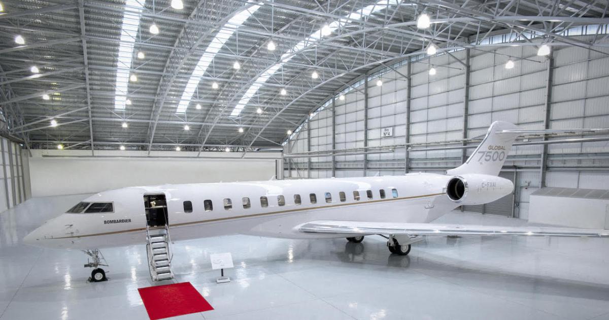 Bombardier Business Aircraft has certified seven of its line maintenance stations in Europe for the Global 7500 while Lufthansa Bombardier Aviation Services has received EASA approval for line maintenance on the jet at its Berlin Schoenefeld facility. (Photo: Bombardier)
