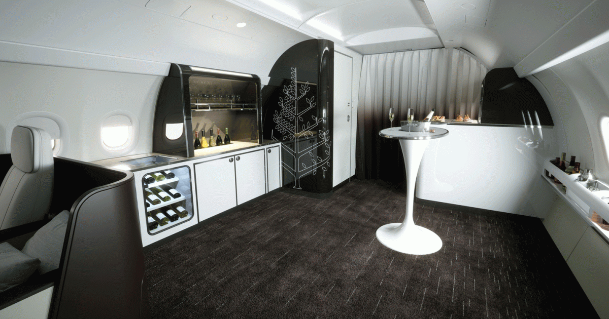 The “social area” of Four Seasons Hotel’s Airbus A321LR will help the aircraft fill the role of luxury tour platform for the chain’s Private Jet division. The bizliner will enter service in 2021.