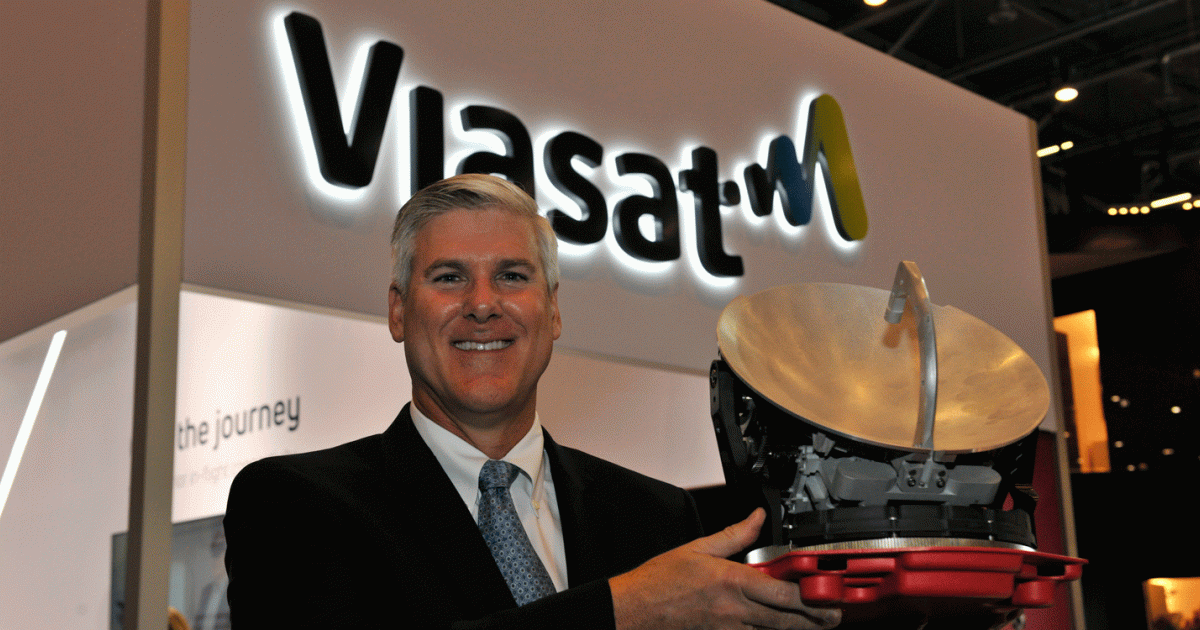 Viasat’s James Person proudly holds up the newly STC’d Global Air Terminal 5510, “the most compact business aviation internet system on the market” suitable for super-midsize jets.