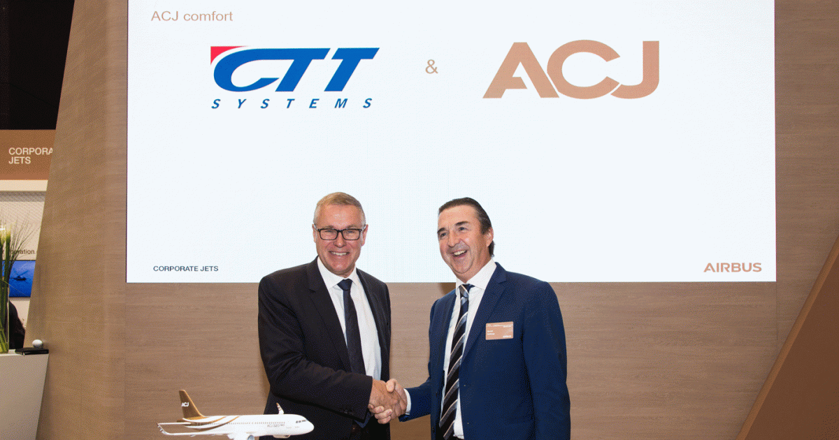 Peter Landquist of CTT (left) and Benoit Defforge of ACJ have combined on technology that can increase the humidity levels in the ACJ320 family of bizliners. The CTT VIP Inflight Humidification system can achieve humidity readings of better than 20 percent.