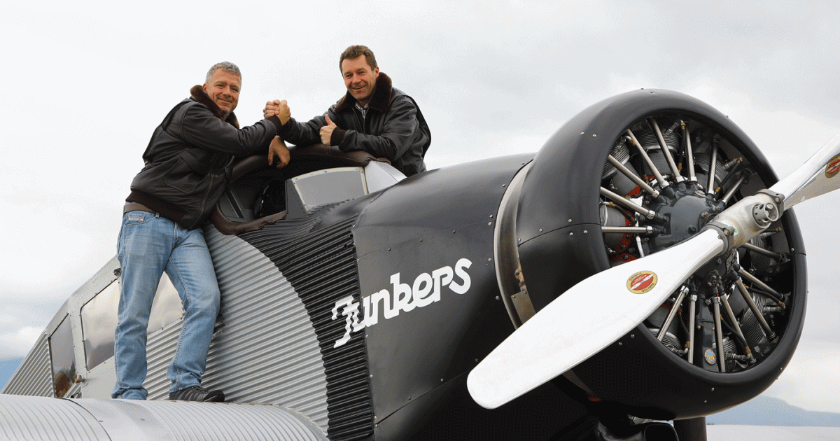 Hugo Junkers’ 
F 13 provides comfort for the passengers and a functional, if spartan environment for the crew, in this case, pilot Hans Fischer, right, and Andreas Pfisterer.