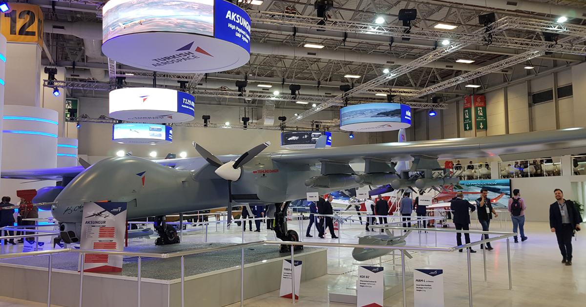 The Anka Aksungur is being displayed for the first time in public at IDEF, complete with an array of weapons such as the Roketsan Teber and MAM-L and the Tubitak-SAGE KGK. (Photo: Beth Stevenson)