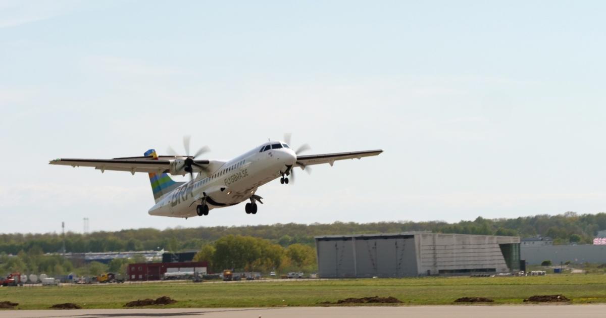 A Braathens Regional ATR 72-600 takes off on its "perfect flight" from Halmstad Airport in southwest Sweden on May 16.  