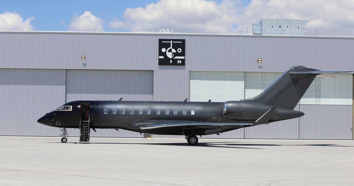 This Global 5000 with its metallic black-to-charcoal paint scheme was the first project to be completed by the new paint shop at Duncan Aviation's MRO facility in Provo, Utah. The 53,000 sq ft hangar with its two-zone airflow system, can handle multiple aircraft at the same time, 