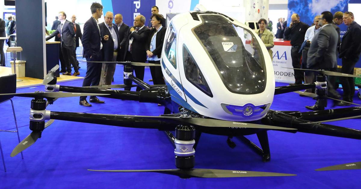 Urban air mobility has been the talk of EBACE and took center stage in a discussion staged at the Innovation Zone. For the first time at EBACE, three companies brought mockups of unmanned vehicles, such as this FACC EHang 216. (Photo: David McIntosh)