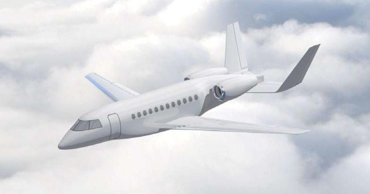As part of Europe's Clean Sky initiative, Dassault is researching and developing a more-electric architecture for a Falcon business jet that could enter service in the 2020 to 2025 timeframe. The company is also looking at other technologies for future Falcons under Clean Sky, including this tail configuration, which aims to reduce engine noise perceived outside the aircraft. (Image: Dassault)