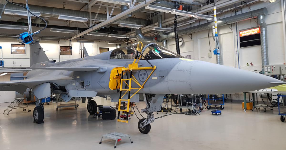 Seen here in May 2019 in Saab's flight test hangar at Linköping, the first Gripen E (39-8) has been concerned primarily with trials associated with aerodynamics and aircraft systems. (Photo: Beth Stevenson)