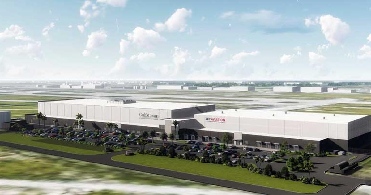 An artist rendering shows the planned expansion of Jet Aviation's FBO at Florida's Palm Beach International Airport and adjoining new Gulfstream service center. The facility is expected to be completed early in 2020.