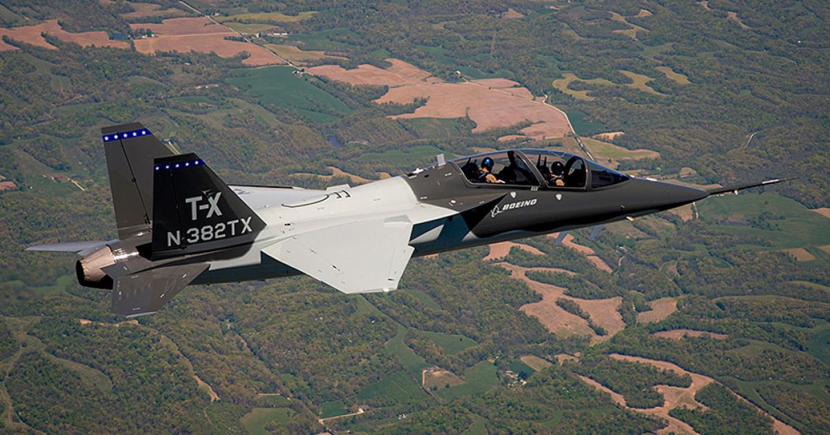 The second of two Boeing/Saab T-X aircraft is seen during a test flight. Saab supplied aft fuselage assemblies for the jet trainer. (photo: Boeing)