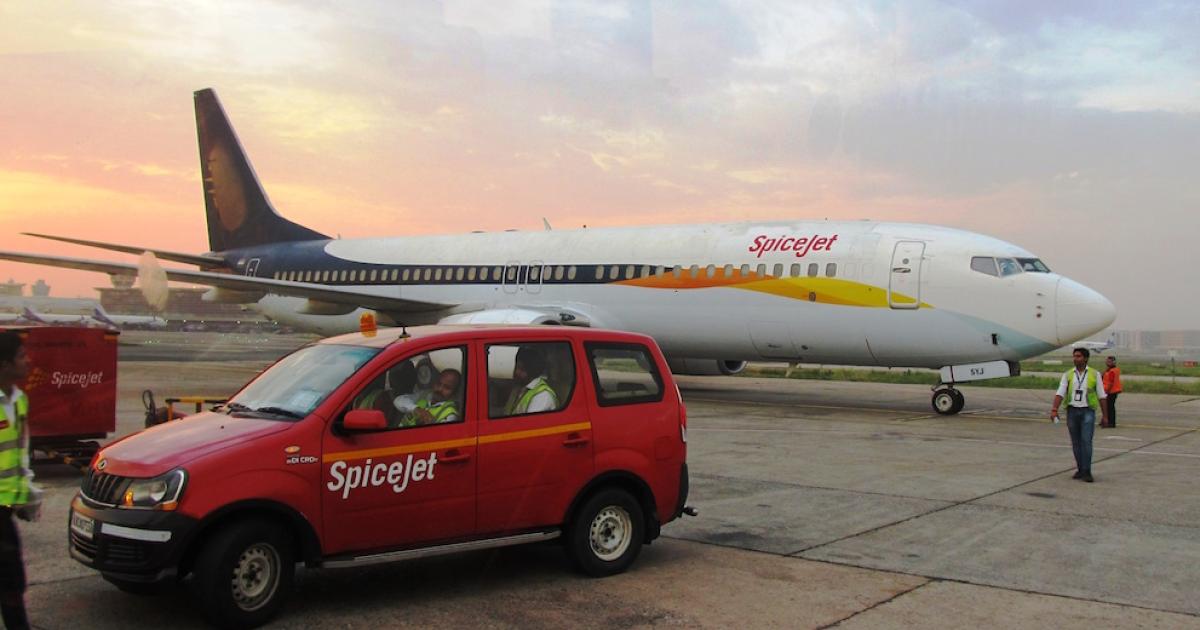 A Jet Airways-configured Boeing 737-800NG now donning the SpiceJet logo prepares to taxi at Delhi International Airport. (Photo: Neelam Mathews)