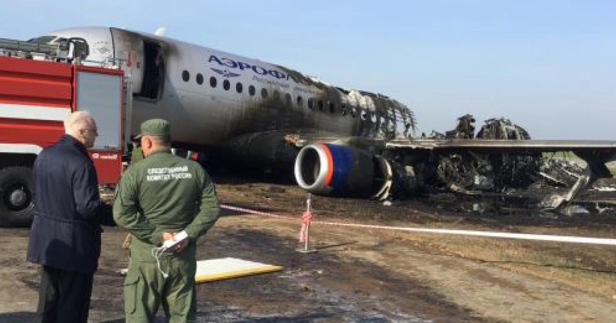 The wreckage of the Aeroflot SSJ100 that crash-landed on May 5 lies off Runway 24L at Moscow Sheremetyevo Airport. (Photo: The Russia Investigative Committee)