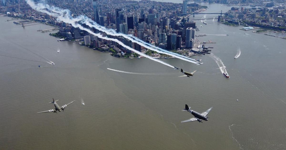 D-Day Squadron DC-3s participated in a formation flight down the Hudson River before departing for the UK. (Photo: Adrienne Hall/Sound Off Films)