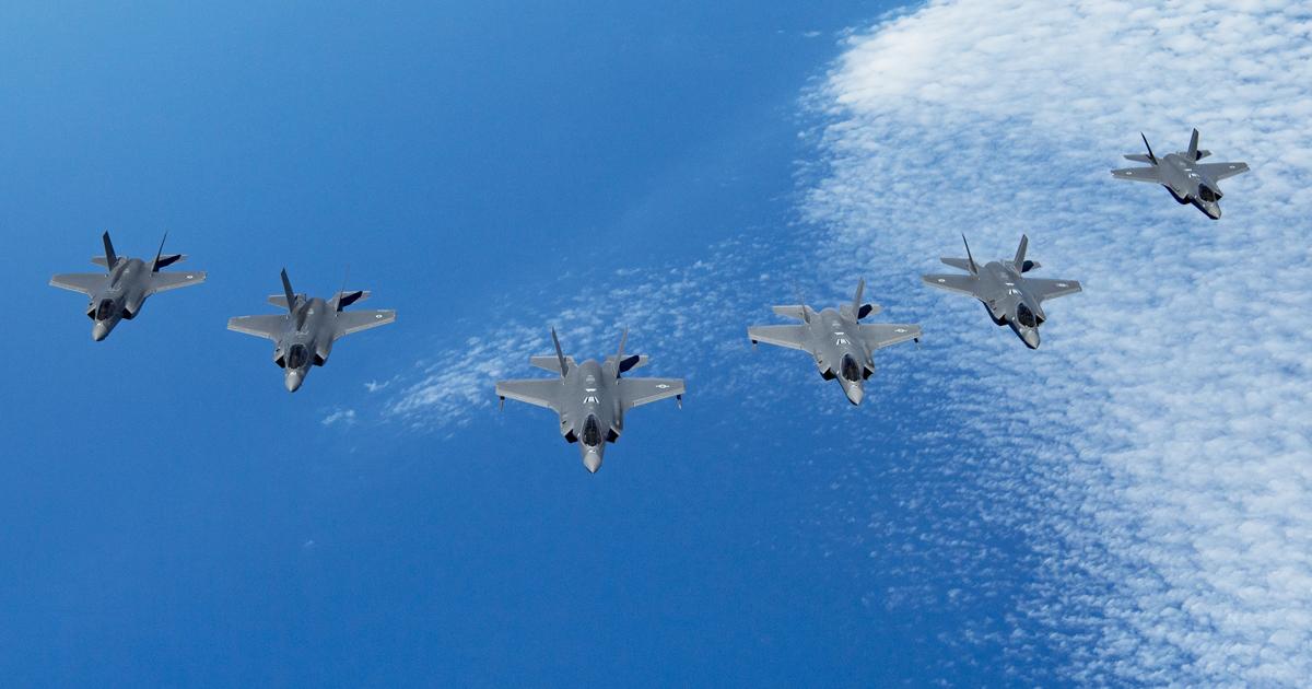 On June 25 Exercise Tri-Lightning brought together pairs of RAF F-35Bs (left), U.S. Air Force F-35As (center), and Israeli Air Force F-35Is (right). (Photo: U.S. Air Force)