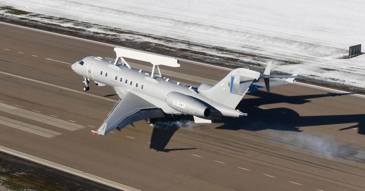 Based on a Bombardier Global 6000 business jet, Saab’s GlobalEye early warning/surveillance platform features a “ski box” radar fairing atop the fuselage.