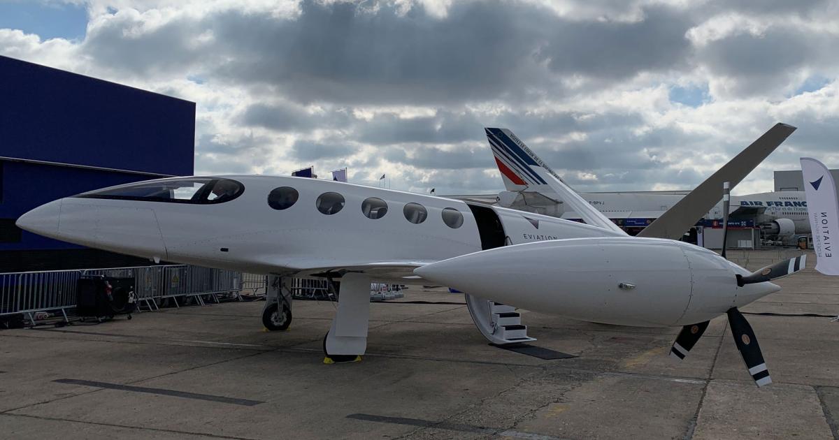 Eviation's composite Alice electric airplane is on display at the Paris Air Show.