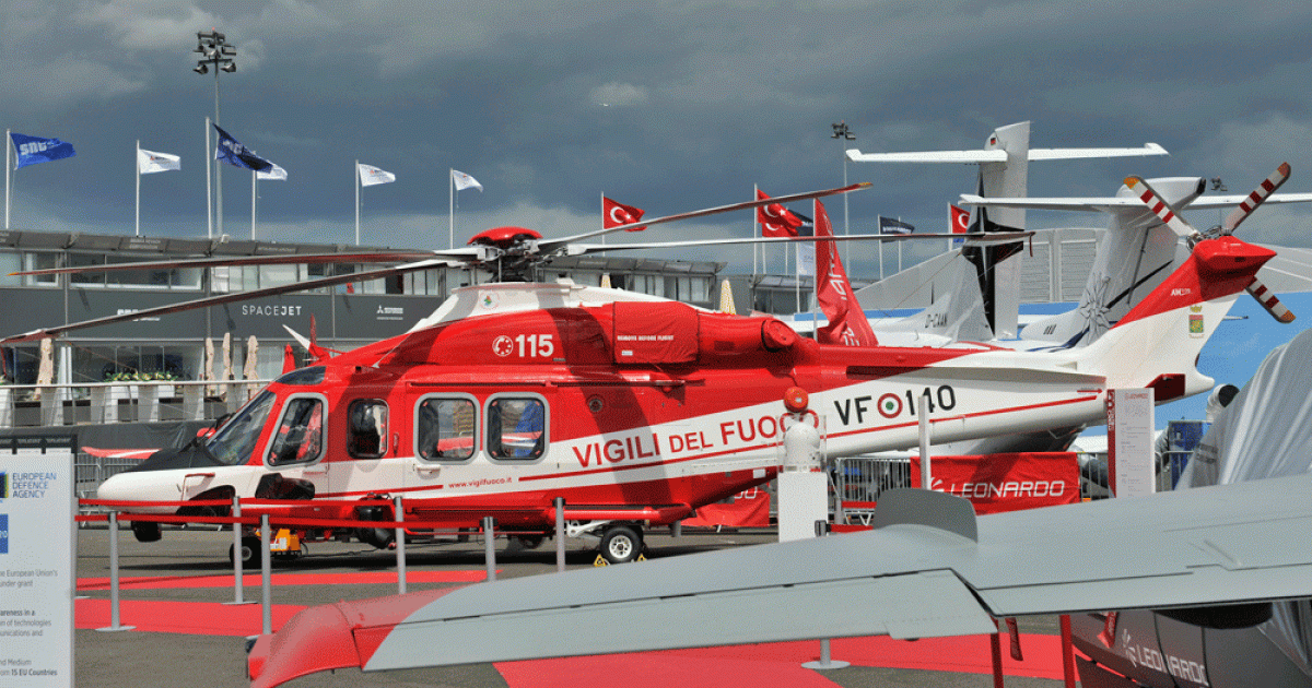 Leonardo’s AW139 is powered by two P&WC PT6C-67C turboshaft engines of 1,142 kW (1,531 hp) each. This one on display this week at Le Bourget is configured for Italy’s firefighting operation.