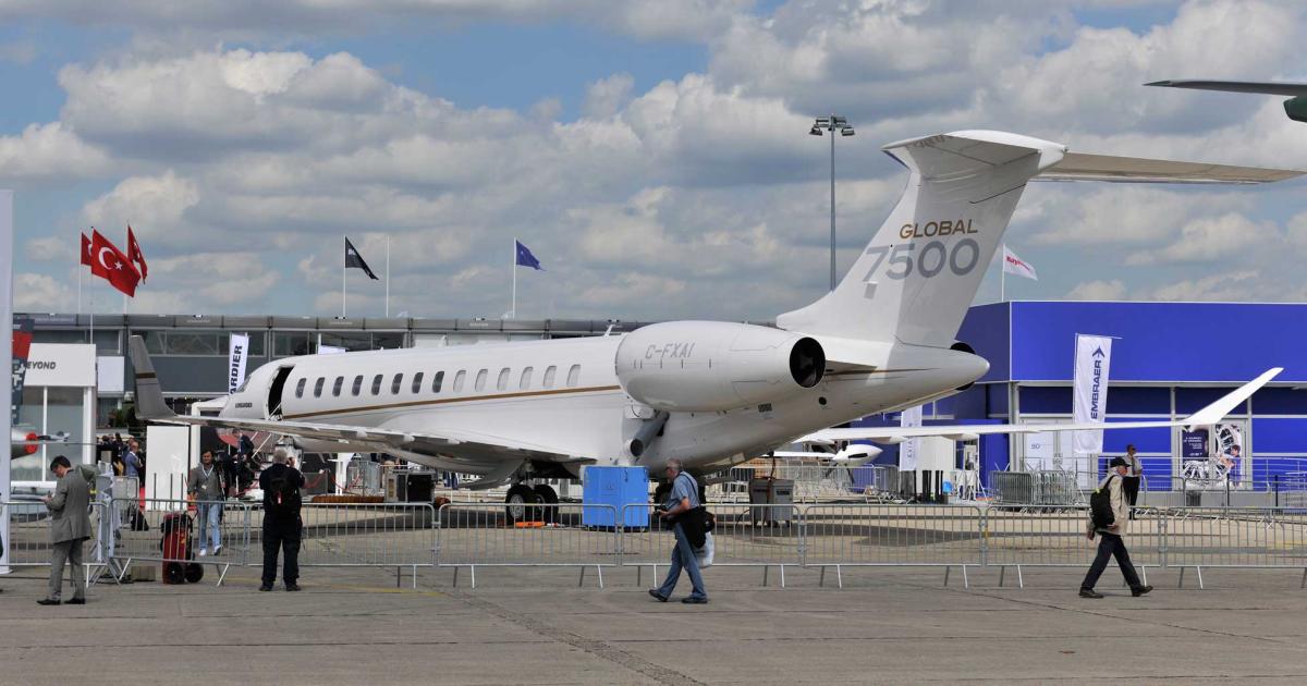 Bombardier's new top-of-the-line Global 7500 will be on exhibit in the static display this week at the Paris Air Show. (Photo: Mark Wagner/AIN)