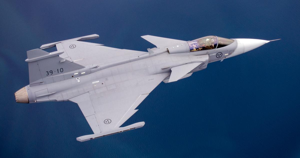 39-10, the third Gripen E, is seen during its June 10 maiden flight. (photo: Saab)