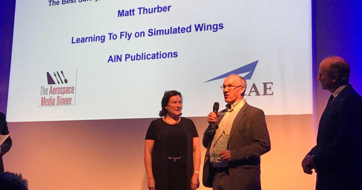 AIN editor-in-chief Matt Thurber was the recipient of the 2019 Aerospace Media award for Best Safety, Training, & Simulation submission, sponsored by CAE, presented Sunday night at the Aero Club de France, on the eve of the Paris Air Show.