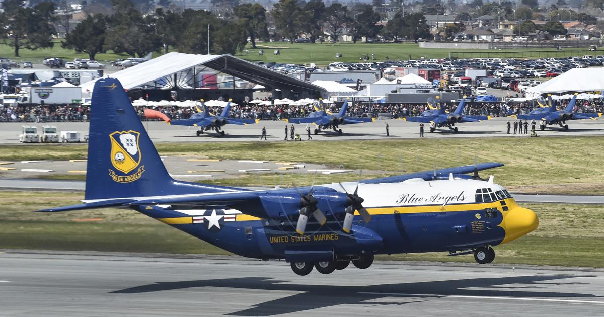Wearing team colors and Marine Corps titling, the most recent “Fat Albert” performs at a March 2019 air show at Salinas, California, weeks before the aircraft’s retirement. (photo: U.S. Navy)