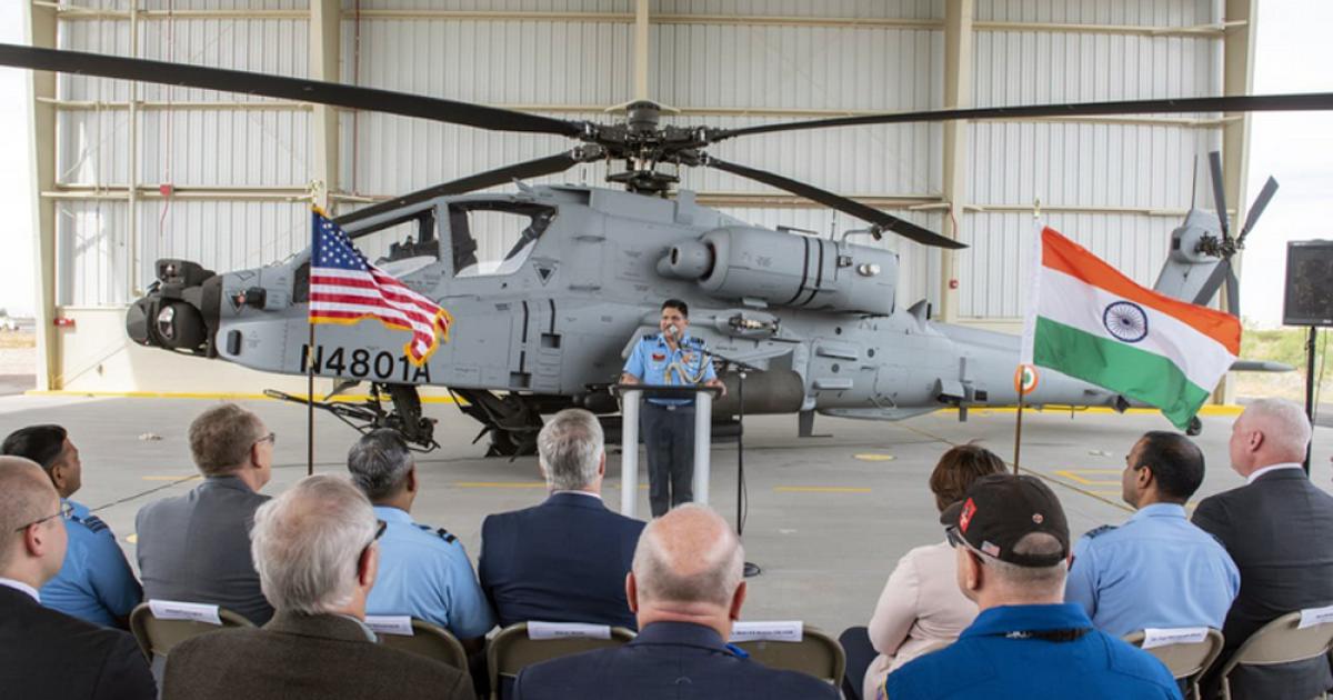 The first AH-64E(I) was handed over to the Indian Air Force at Mesa on May 10. (photo: Indian Air Force)