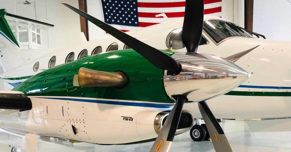 The most visible improvement in Blackhawk Aerospace's newly-certified XP67A upgrade for the King Air 300 is the replacement of the four-bladed Hartzell propellers with five-bladed versions. Under the cowlings, the company swapped out the stock PT6A-60A engines  with new uprated PT6A-67A engines, resulting in what it describes as "the best performing King Air on the planet." The package lists at $1,787,000, but early birds can shave $100,000 of the cost by ordering before Sept. 31.