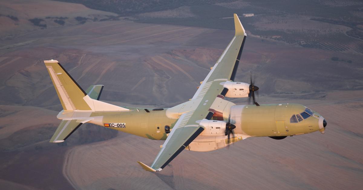 The first C295 for Canada is seen on its July 4 inaugural flight, wearing temporary Spanish registration EC-005. (Photo: Airbus)