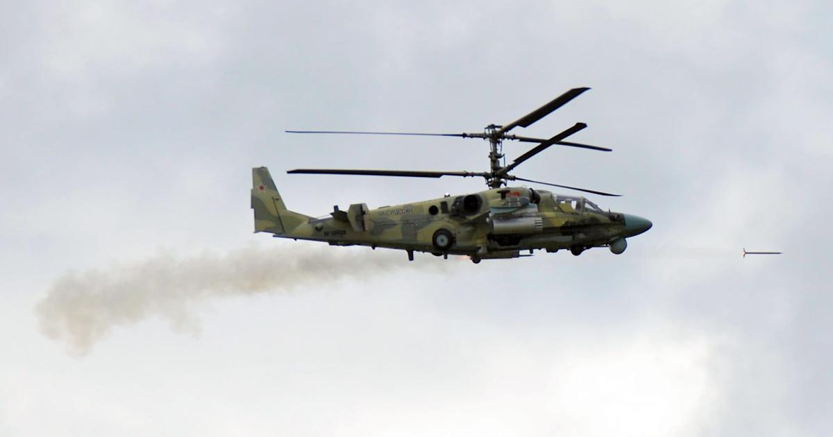 As part of Army 2019, a firepower and mobility demonstration was undertaken at the Alabino range. Here a Ka-52 fires a rocket. (Photo: Vladimir Karnozov)