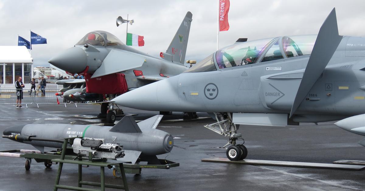 An RAF Typhoon was displayed alongside a Swedish air force Gripen during the RIAT show at Fairford to highlight the new partnership. (photo: David Donald)