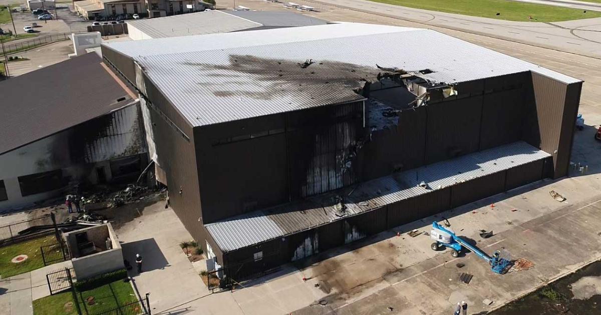 The King Air 350i crashed into a privately-owned hangar on the morning of June 30 soon after takeoff from Dallas-area Addison Airport. It punched a hole in the roof, caused a fire and damaged aircraft inside, including a Dassault Falcon. Most of the wreckage ended up outside the hangar where it was consumed by flames.
