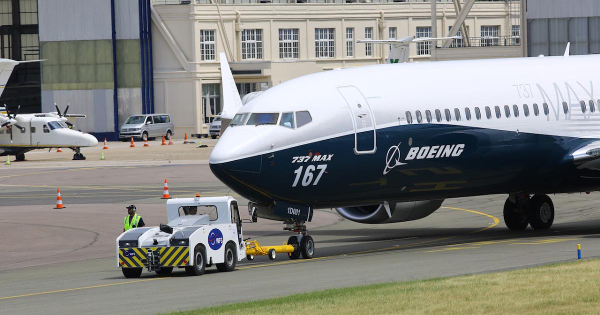A Boeing 737 Max 9 gets towed into position at the 2017 Paris Air Show. (Photo: David McIntosh)