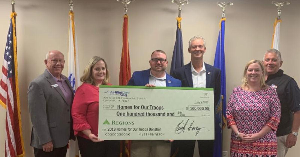 AirMedCare Network (AMCN) delivered a $100,000 check to Homes For Our Troops (HFOT). Pictured from left are HFOT CEO Tom Landwermeyer, AMCN marketing manager Pam Cowan, AMCN director of operations Matt Muse, AMCN membership v-p Keith Hovey, HFOT corporate engagement manager Julie Flynn, and HFOT development director Chris Mitchell. (Photo: AMCN)
