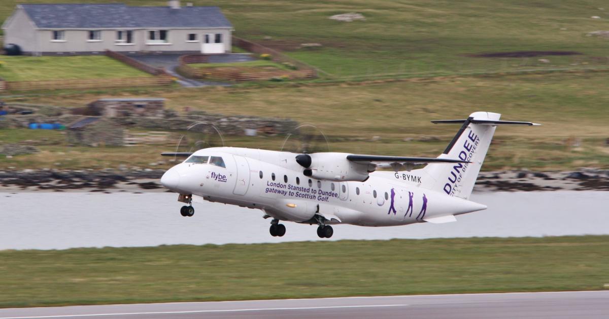 A flybe Dornier 328 takes off from Sumburgh Airport in Scotland in 2015. (Photo: Flickr: <a href="http://creativecommons.org/licenses/by-sa/2.0/" target="_blank">Creative Commons (BY-SA)</a> by <a href="http://flickr.com/people/16633132@N04" target="_blank">Ronnierob</a>)