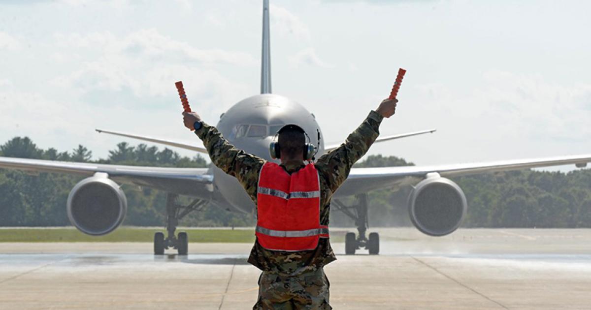 The New Hampshire ANG’s welcome for its first two KC-46A tankers at Pease ANGB on August 8 included a water salute from the base fire department. (Photo: 157th ARW)