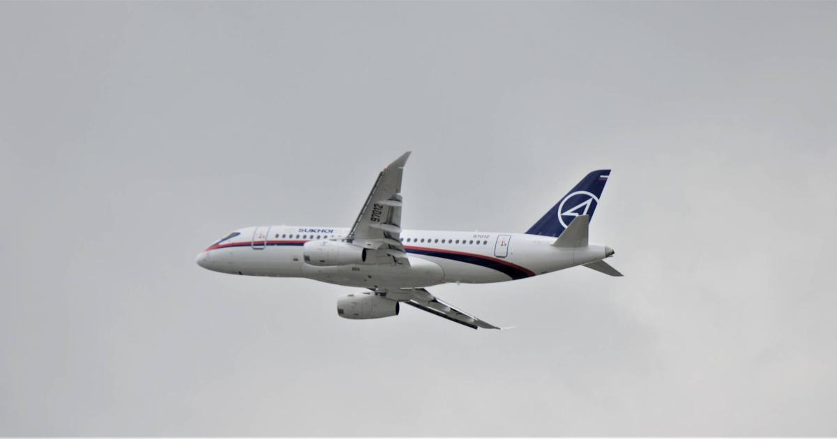 Making an appearance for the first time at MAKS 2019, a Sukhoi Superjet SSJ100 equipped with "sabrelet" winglets, which improve fuel efficiency by 3 to 4 percent. (Photo: Vladimir Karnozov)