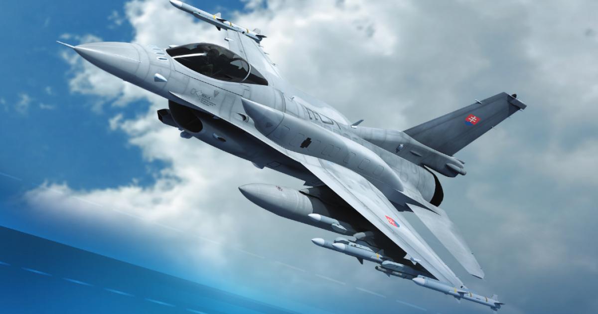 An F-16V impression depicts an aircraft with Slovak national insignia armed with eight AIM-120 AMRAAMs and AIM-9X Sidewinders. (graphic: Lockheed Martin)
