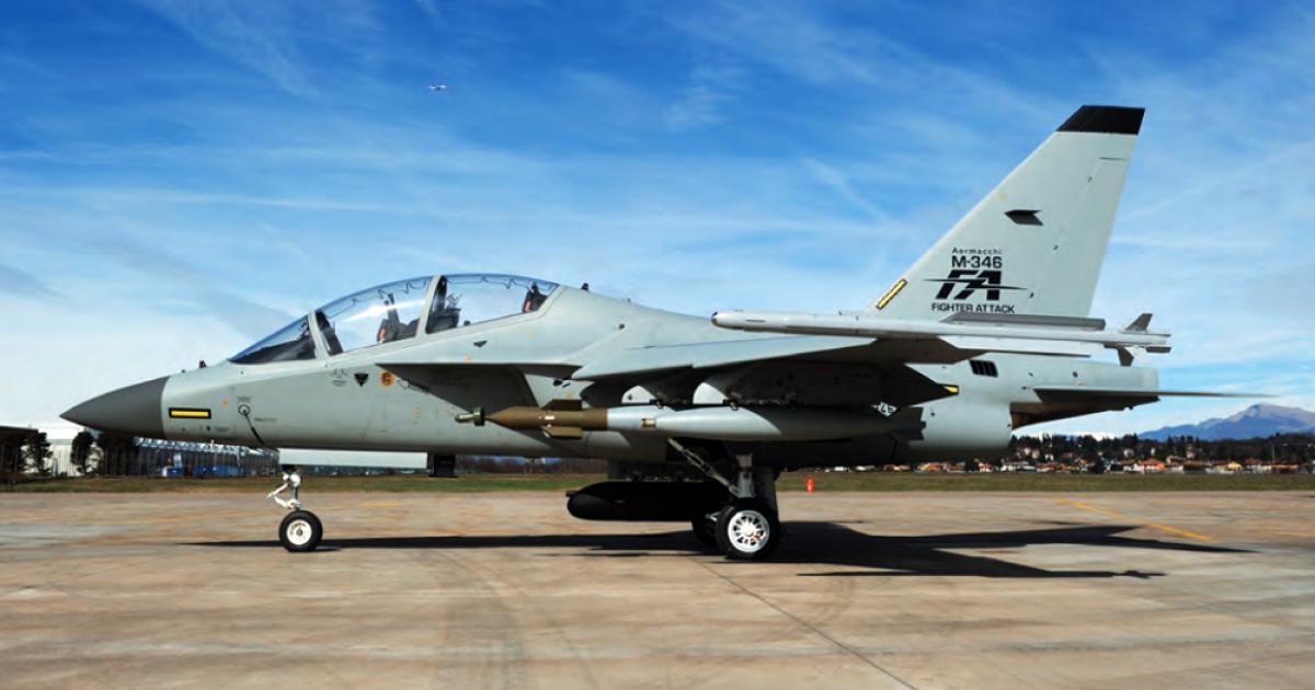 The M-346FA can carry a range of air-to-ground and air-to-air ordnance. Here the demonstrator is loaded with unguided and laser-guided bombs, centerline gun pod, and Iris-T air-to-air missiles. (photo: Leonardo)